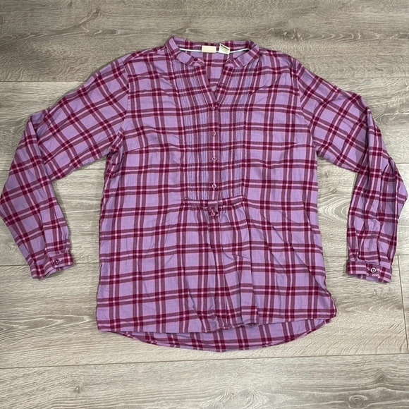 L.L. Bean Plaid Flannel Button Down Pleated Long Sleeve Top S - Picture 6 of 16